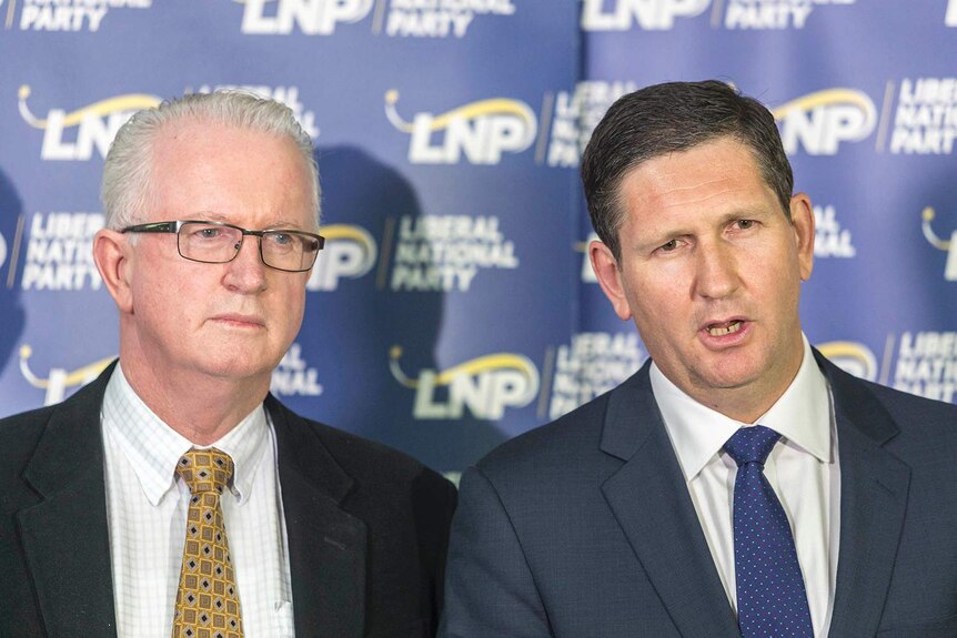 Bruce McIver and Lawrence Springborg speaking to media in Brisbane on May 29, 2015.