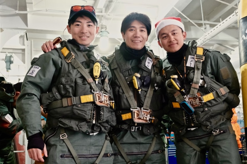 Antarctic researchers Kaihe Yamazaki, Yoshihiro Nakayama and Pat Wongpan.