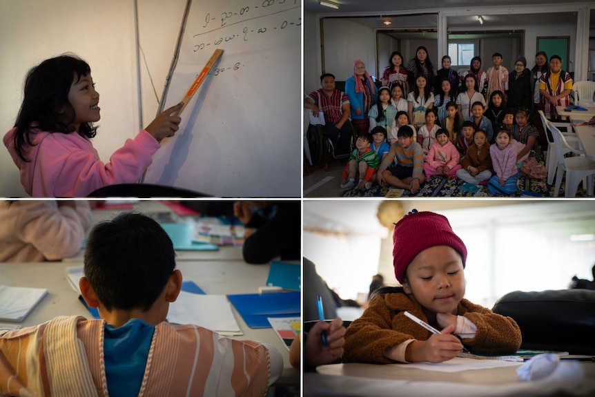 Four images of children at a language school, learning.