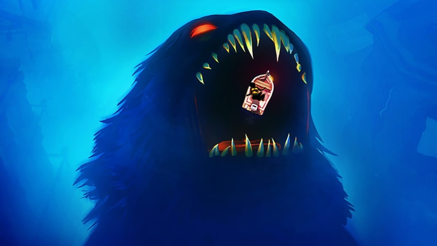 Cartoon image of a large beast swallowing a small creature in a boat