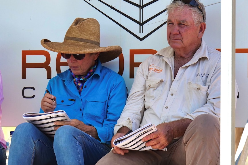 A woman in a straw hat and blue shirt sits with grey-haired man in white shirt