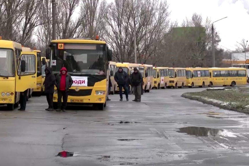 Long corridor of idle buses.