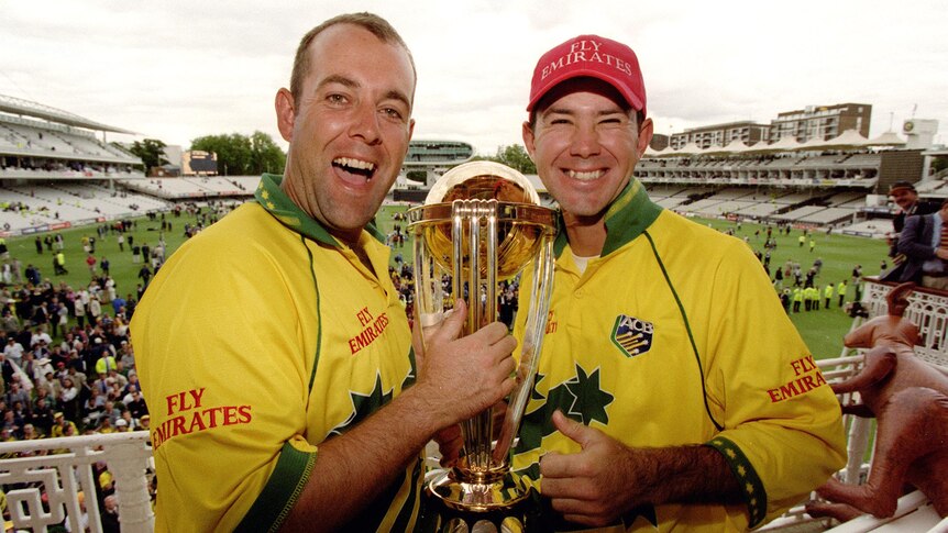 Darren Lehmann and Ricky Ponting celebrate after Australia's win in the 1999 World Cup Final.