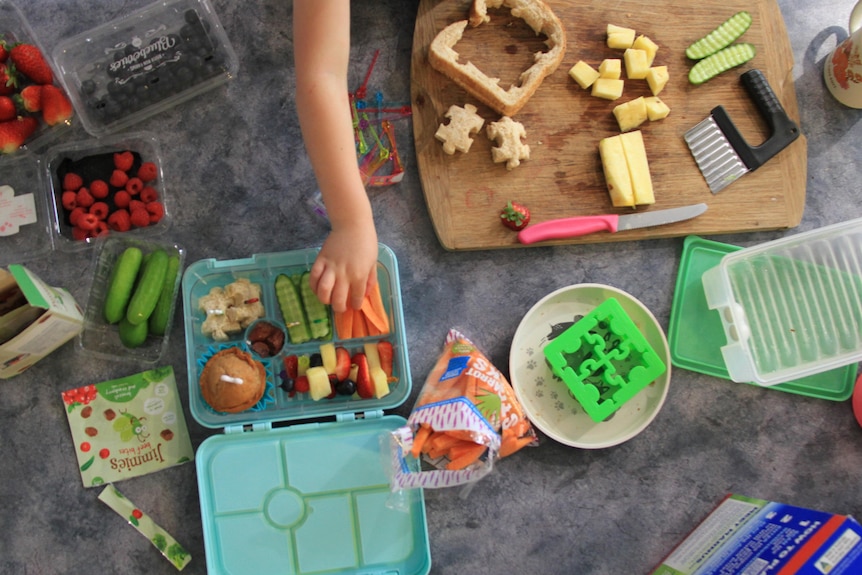 A messy kitchen bench with items for packing a lunchbox laid out