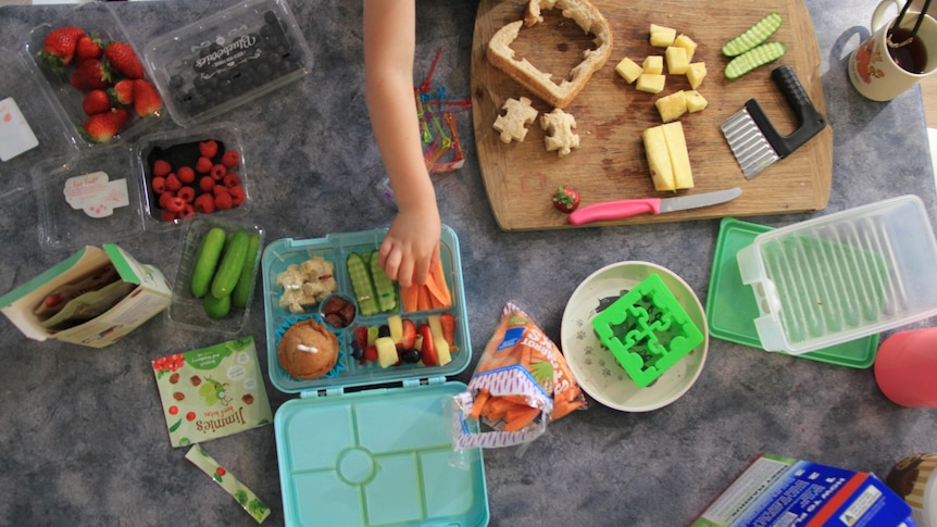 A messy kitchen bench with items for packing a lunchbox laid out