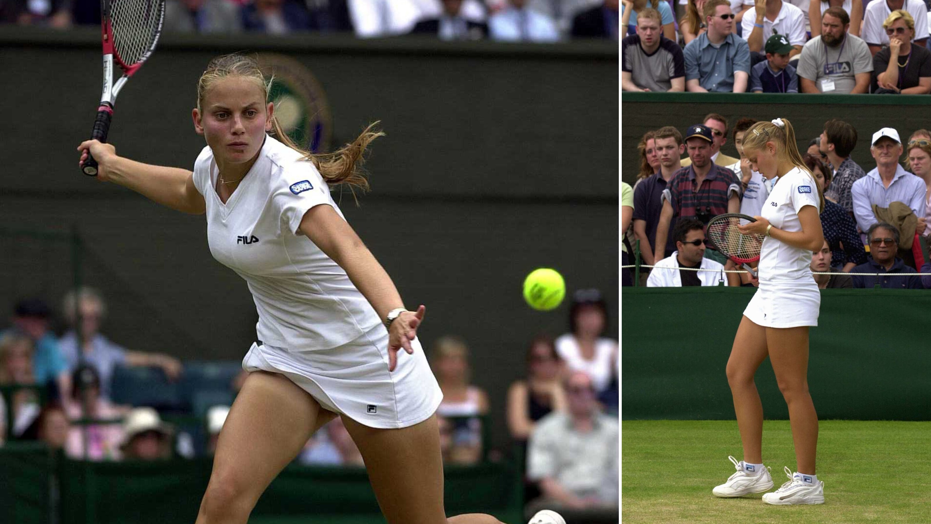 Teenager in white tennis dress prepares to hit tennis ball with racket