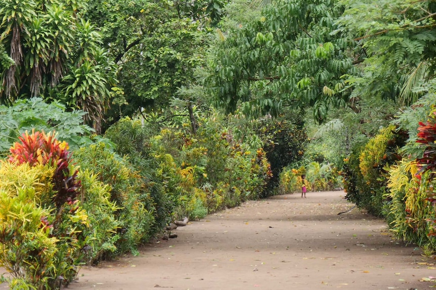 A young girl amid the tropical gardens of Tulu village.