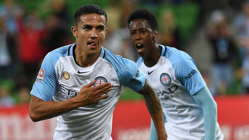 Tim Cahill reacts after scoring Melbourne City's winning goal against Adelaide United.