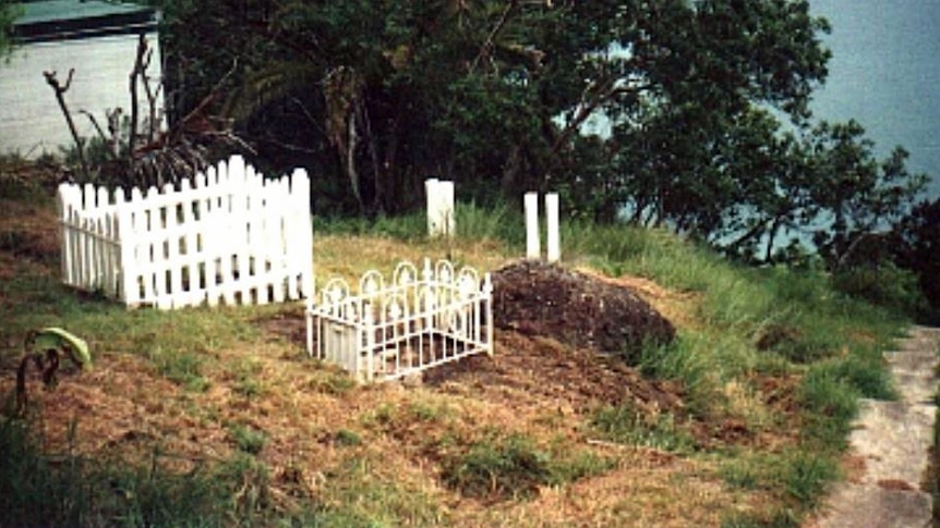 Two lone graves with white fencing perched on a grassy hill looking over the ocean.