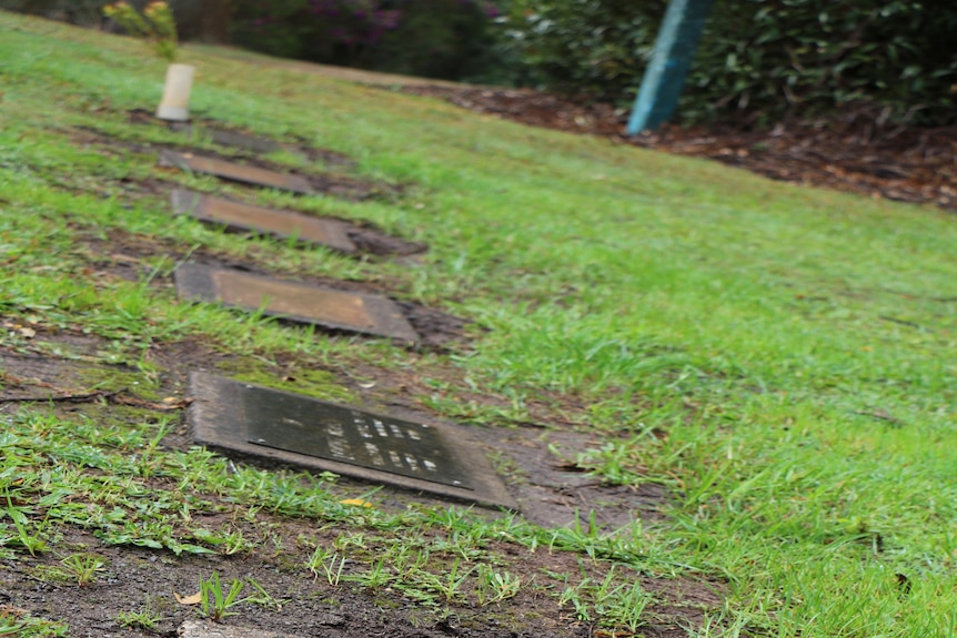 Rangée de plaques de cimetière, dont trois ont un emplacement vide où une plaque de cuivre a été retirée
