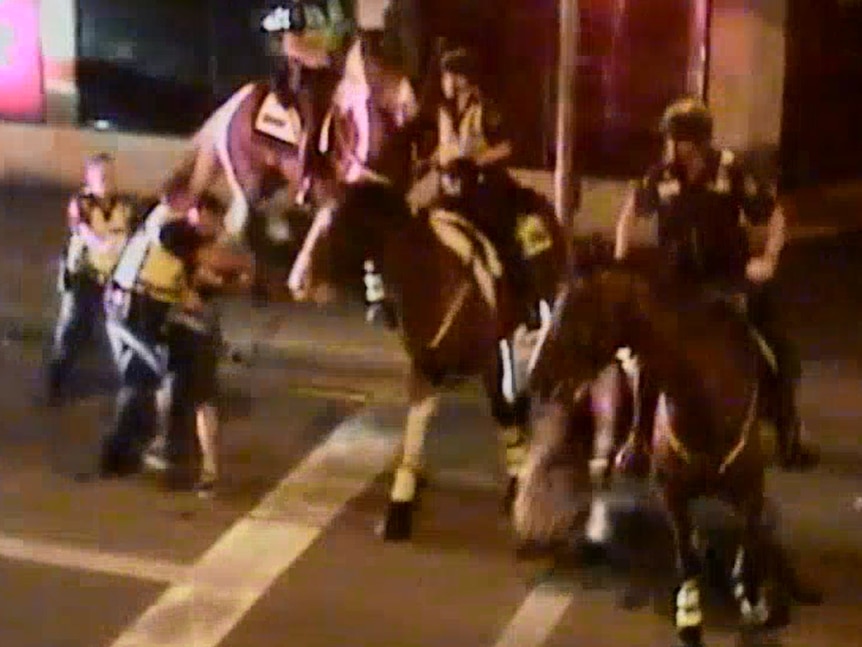 The CCTV footage shows a police horse stumbling and falling to its knees during the arrest.