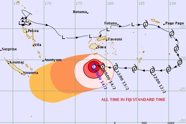 A map shows Cyclone Gita over Fiji and its precited path.