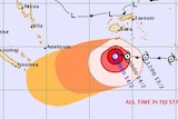 A map shows Cyclone Gita over Fiji and its precited path.