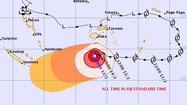 A map shows Cyclone Gita over Fiji and its precited path.