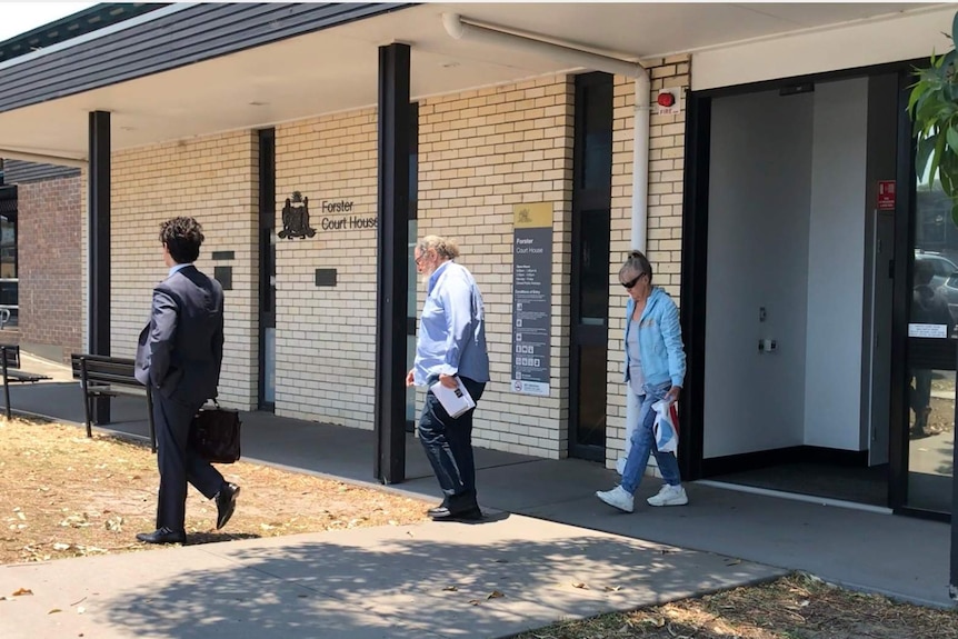 Brenda Marney leaving Forster Local Court in a blue shirt