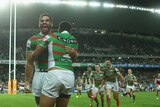 Greg Inglis and Alex Johnston celebrate a Rabbitohs try in their qualifying final against Manly