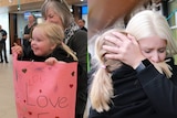 Emily Myors hugs niece Sadie at Hobart Airport