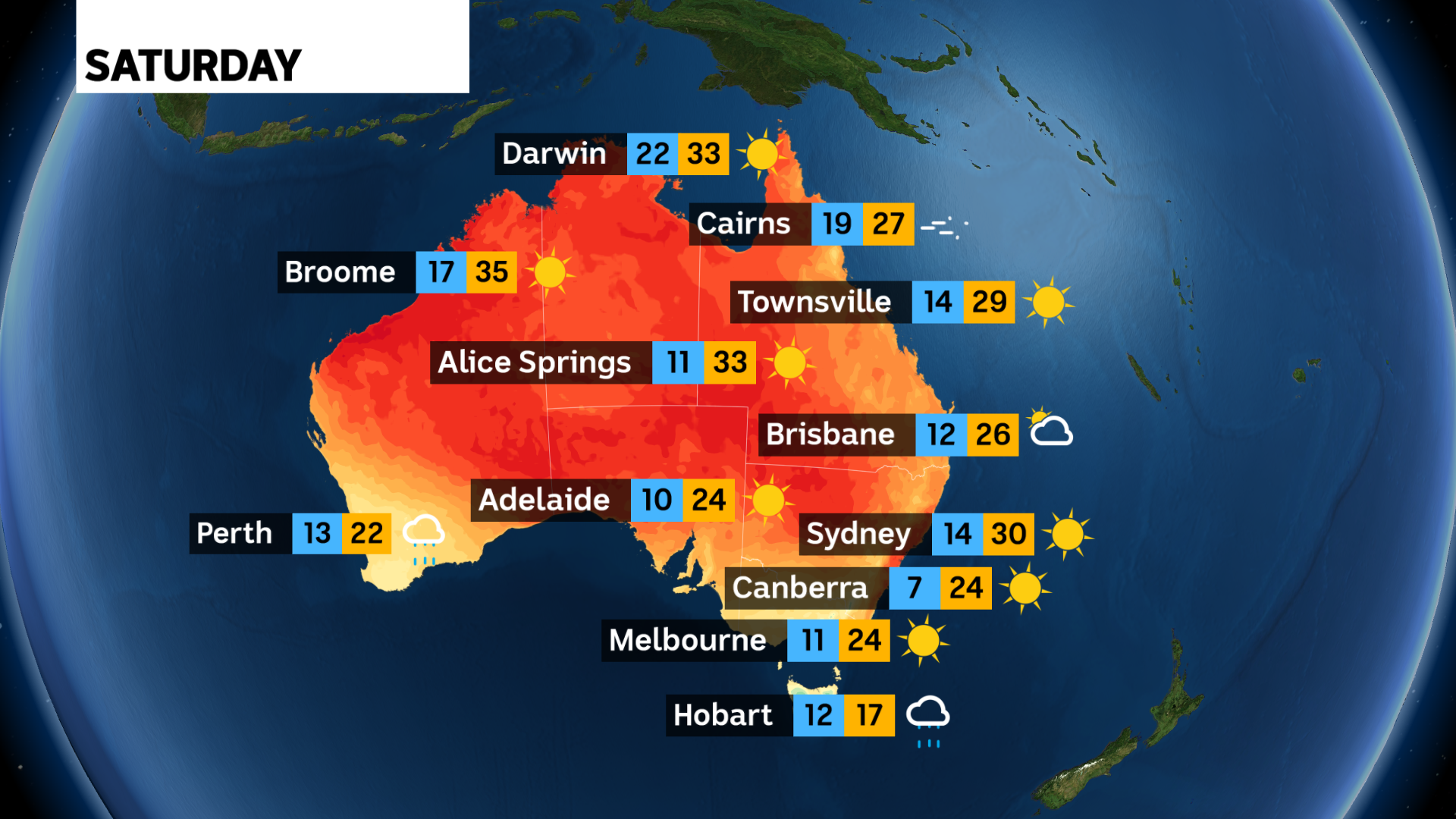 A map showing temperatures around Australia on Saturday