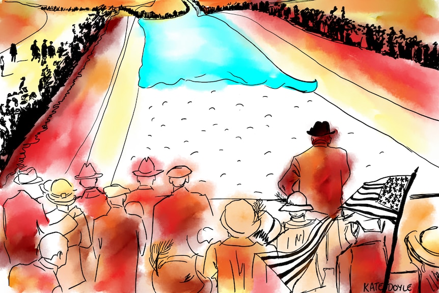 Illustration of crowds cheering falling water