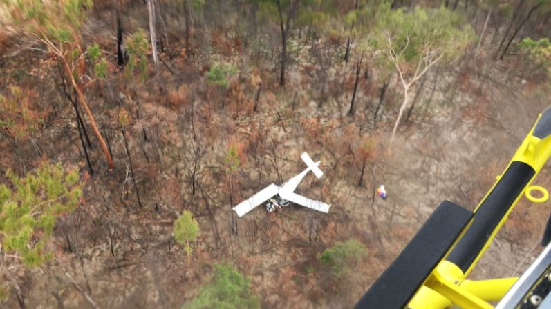 Wreckage of a crashed aircraft lies in bushland near Bundaberg in Queensland.