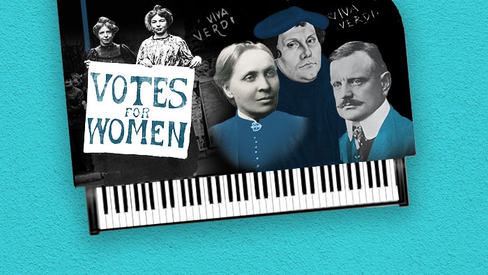 The faces of some history-making composers, above a piano keyboard on a sky-blue background.