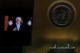 Australia Prime Minister Scott Morrison appears on screen at the UN assembly in a pre-recorded message.