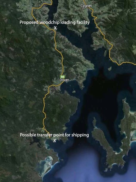 Google map showing proposal for barge-to-ship woodchip export plan.