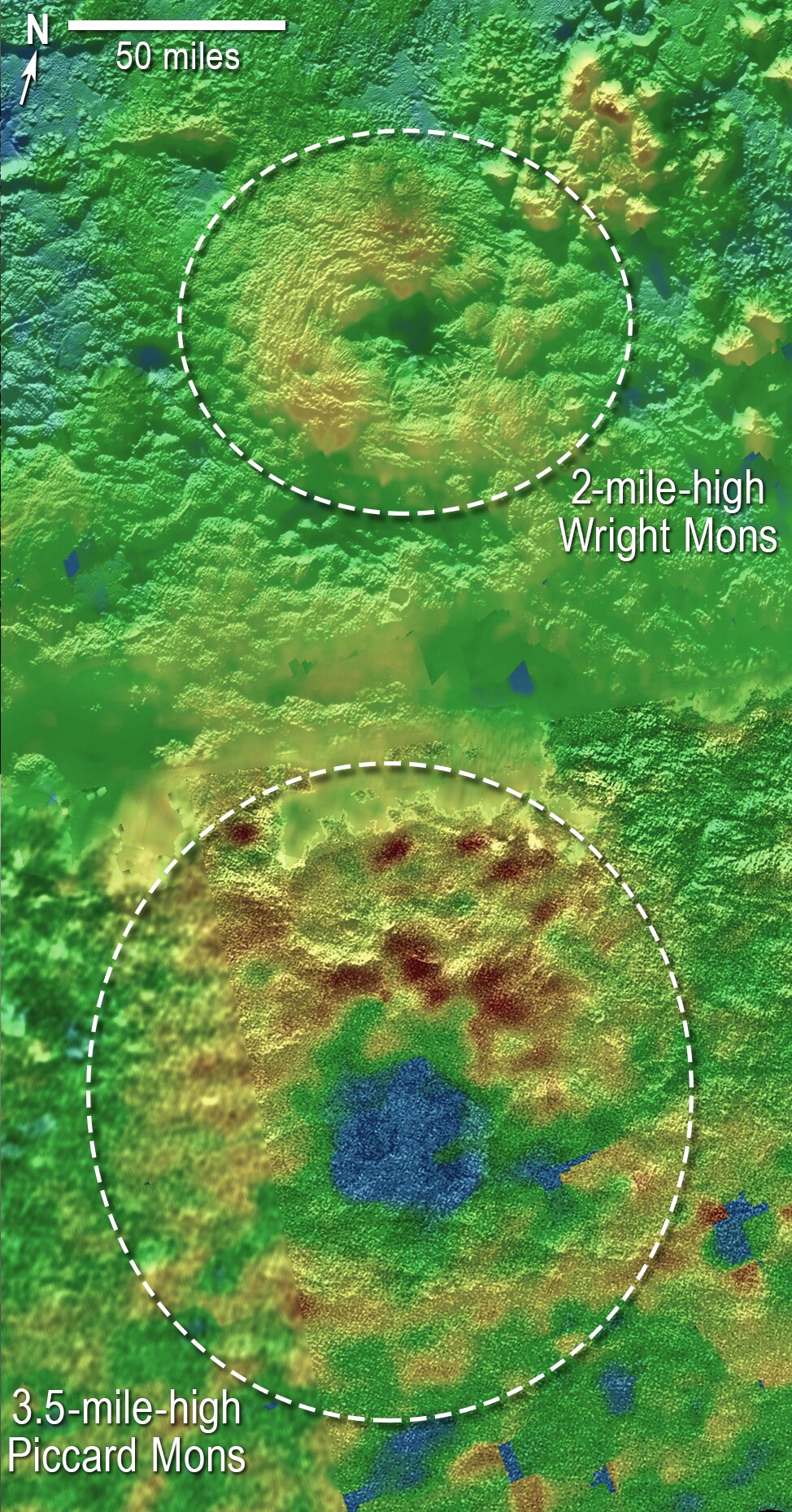 A coloured topographical map with two volcano-like features circled in white