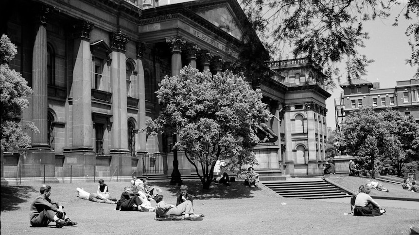 People sit in the sun on the lawn outside a public building.