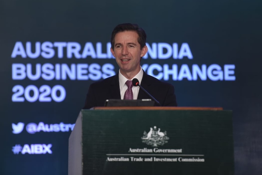 Simon Birmingham stands behind a podium with an Australian emblem on it