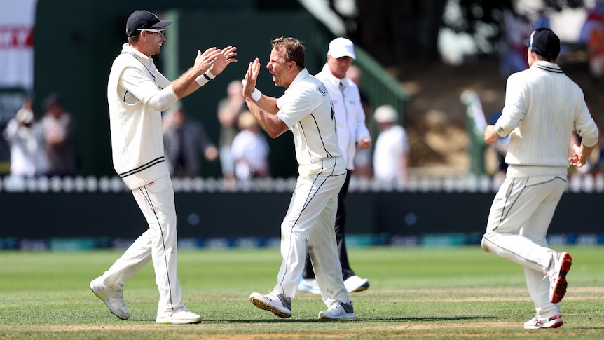 A New Zealand bowler stands mid-pitch, roaring in celebration as a teammate runs in to hug him.