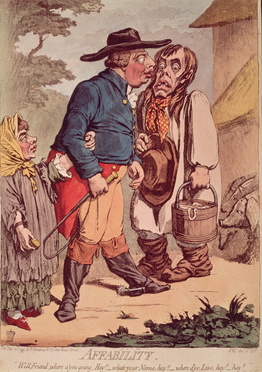 A cartoon depicting King George III, known as 'Farmer George', with his wife Queen Charlotte, talking to a farm hand