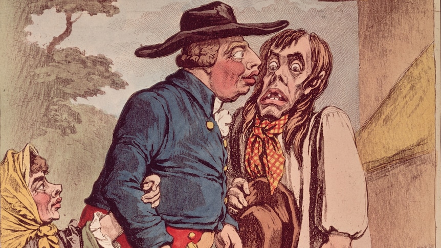 A cartoon depicting King George III, known as 'Farmer George', with his wife Queen Charlotte, talking to a farm hand