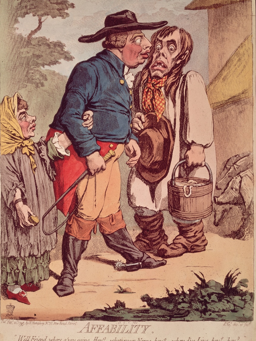 Une caricature représentant le roi George III, connu sous le nom de 'Farmer George', avec sa femme la reine Charlotte, parlant à un ouvrier agricole