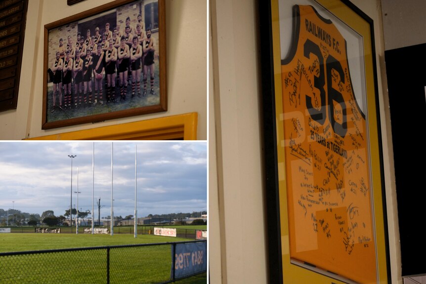 A collage showing a photo of an old team, signed jersey and the goals of the ground.