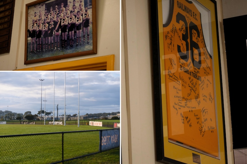 A collage showing a photo of an old team, signed jersey and the goals of the ground.