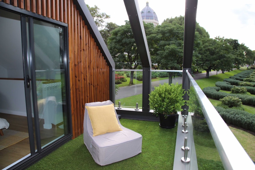 The balcony of the tiny house display home at the Melbourne Flower and Garden Show.