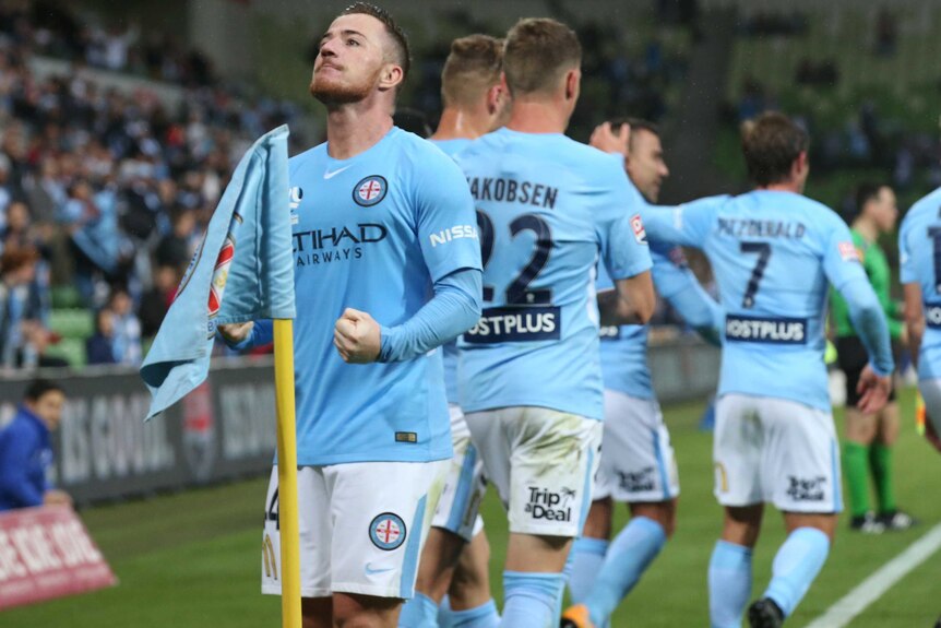 Ross McCormack reacts after scoring a goal for Melbourne City against Wellington.