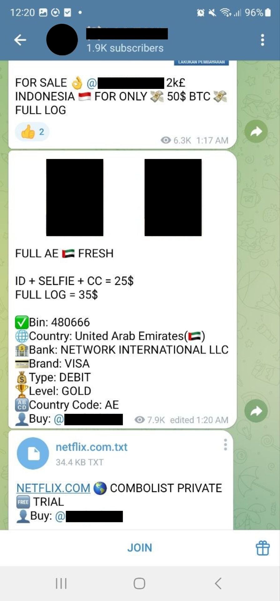 A Telegram post selling stolen data containing IDs, selfies and credit cards from a UAE bank. 