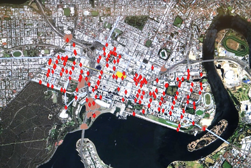 A map of the Perth CBS and surrounding suburbs showing several works projects marked by red diamonds.