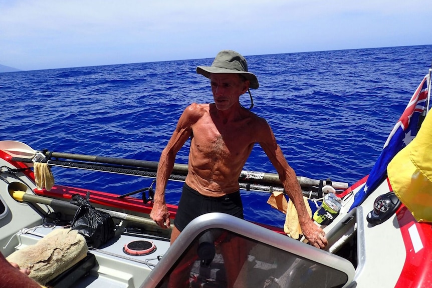 British solo ocean rower John Beeden in his six-metre boat 'Socks II' near Vanuata in the Pacific Ocean in late 2015