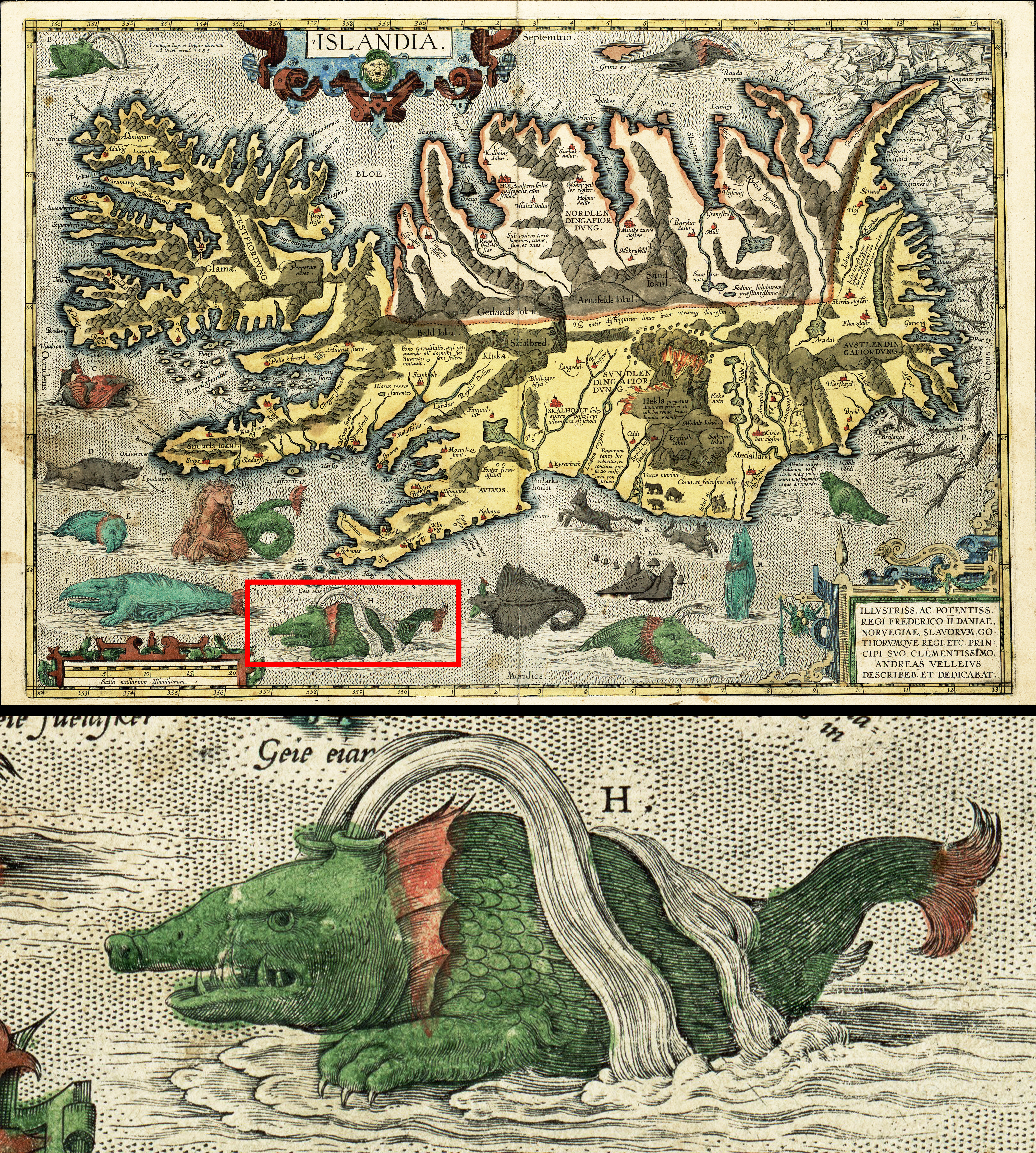 Ortelius 1658 map of Iceland and sea creatures