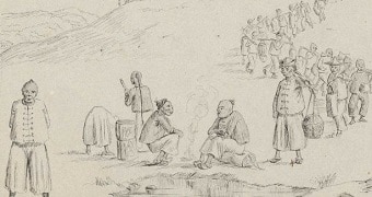 A drawing from 1854 shows Chinese miners walking to the goldfields carrying their bundles of belongings.