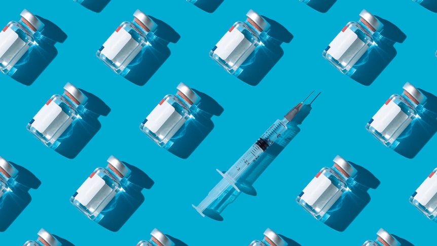 A syringe and vials in a repeating pattern on a blue background
