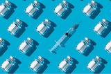 A syringe and vials in a repeating pattern on a blue background