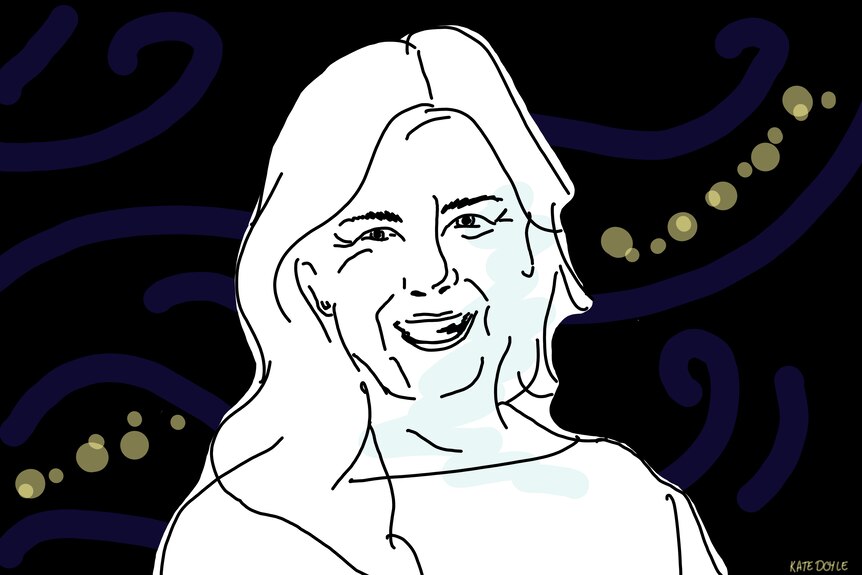 A line drawing of a long-haired woman in font of a dark background.