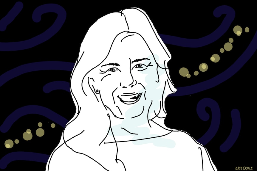 A line drawing of a long-haired woman in font of a dark background.