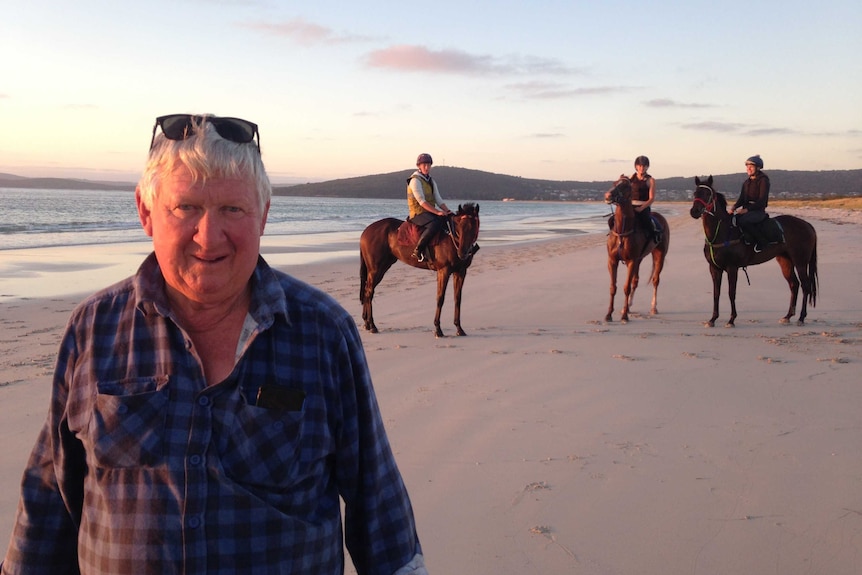 A man stands in front of three racehorses on a beach in Albany