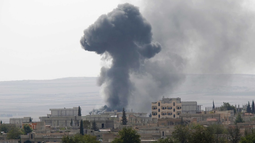 Smoke rises from the Syrian town of Kobani