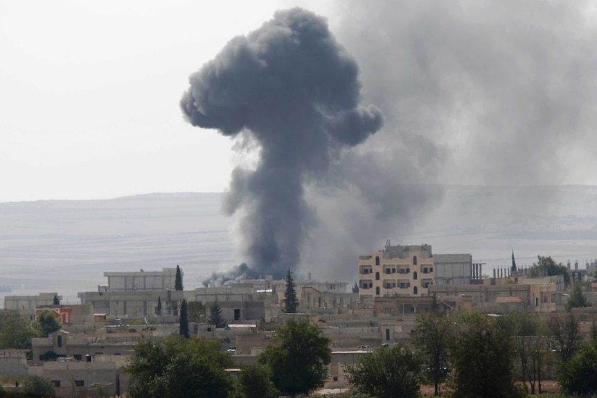 Smoke rises from the Syrian town of Kobani